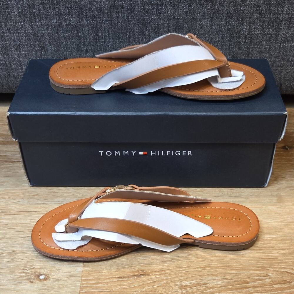 Tommy Hilfiger Logo Thong Sandals Slip On Brown White Leather Women's 5M
